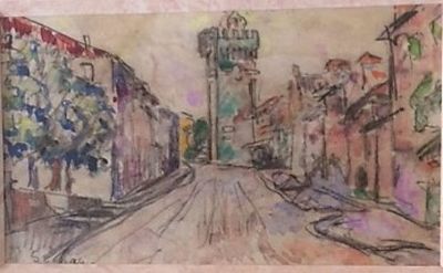 tableau représentant une rue de la ville avec une tour horloge au loin