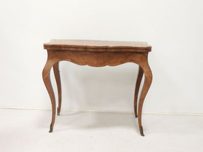 an image of a small table with a wooden top on a white floor