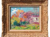 a painting of a painting of a house in a field