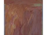 une peinture abstraite représentant un tableau aux tons marron et orange, bordé d'un liseré bleu