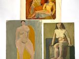 three paintings of a woman sitting on a chair and a man sitting on a chair