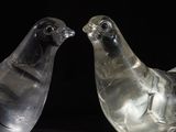 pair of clear glass pigeon figurines sitting on a black surface
