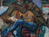 an oil painting of a man sitting in a chair with a guitar