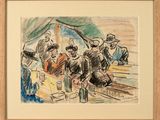 drawing of a group of people sitting on a boat in the water