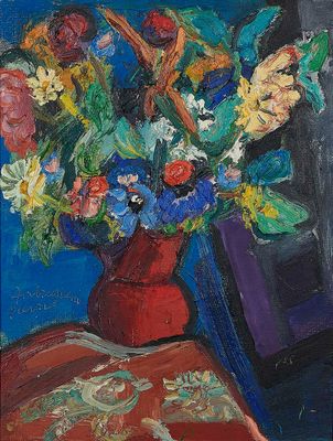 tableau représentant un vase de fleurs posé sur une table, avec une chaise en arrière-plan
