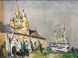 painting of a painting of a church and a boat in a body of water