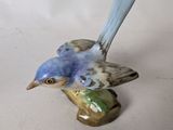 a small blue bird sitting on top of a green leaf