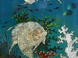painting of a fish tank with a variety of fish in it