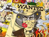 poster of a man holding a sign with a bunch of cartoon characters on it
