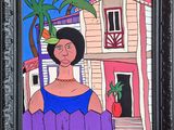 painting of a woman in a purple dress and a palm tree