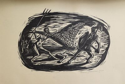 drawing of a man riding a horse in a field with a man walking behind him