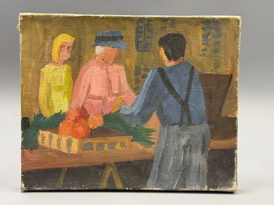 une peinture à l'huile représentant deux personnes debout près d'une table
