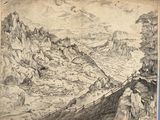 an old drawing of a mountain scene with a man walking on a path
