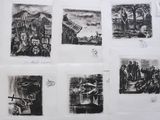 several black and white drawings of people and animals on a sheet of paper
