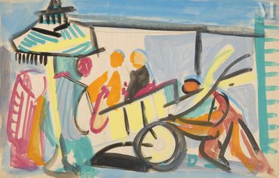 une image d'un tableau représentant des personnes sur un balcon avec une bicyclette
