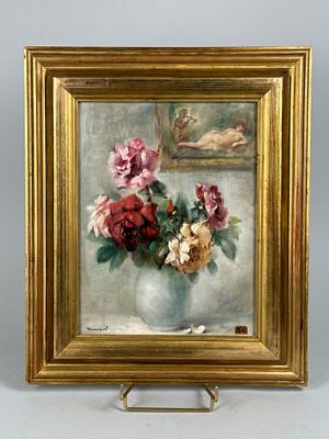 une peinture de fleurs dans un vase sur une table