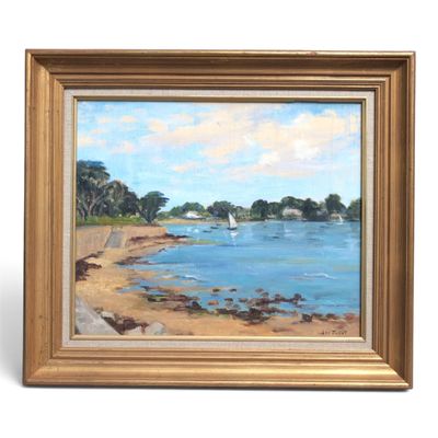an oil painting of a beach scene with a sailboat in the water
