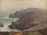 an image of a painting of a rocky coast by the ocean