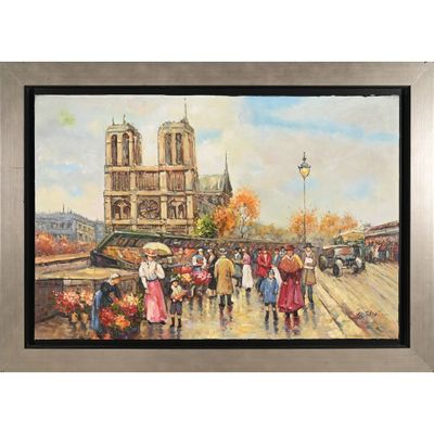tableau représentant des personnes marchant dans une rue, un parapluie à la main, devant une cathédrale