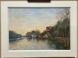 une image d'une peinture d'une rivière avec une maison à l'arrière-plan