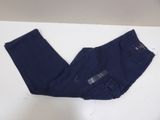 the pants are blue and have a black label on them
