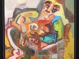 painting of a woman sitting in a chair with a dog