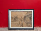 painting of a woman standing in front of a red wall