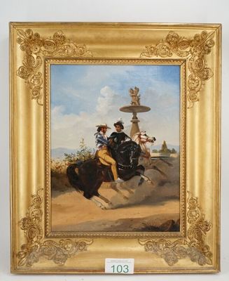 painting of a man riding a horse with a fountain in the background