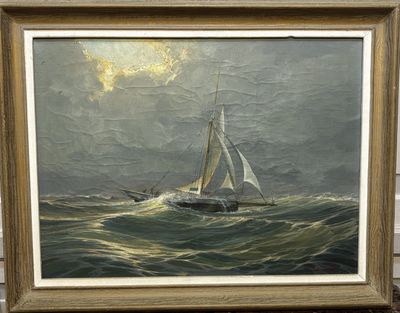 an oil painting of a sailboat in the ocean with a full moon in the background
