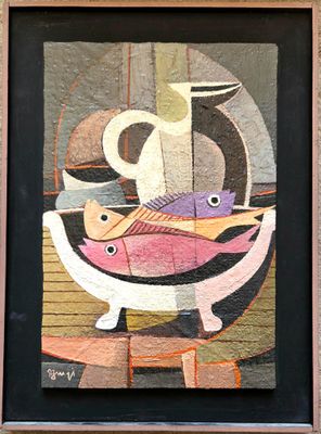 a painting of a fish and a pitcher on a table