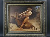 un tableau représentant une femme nue et un chien dans un décor boisé
