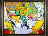 an image of a painting of a table with fruit and flowers