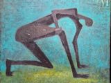 a painting of a man bending over to pick up something