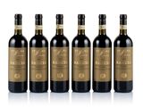 six bottles of red wine in a row on a white background