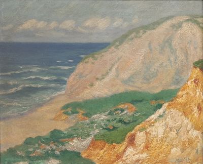 an image of a painting of a beach with a cliff in the background