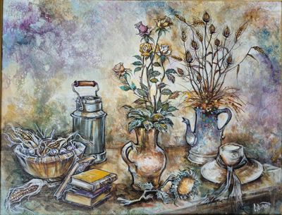 une peinture représentant une nature morte avec des fleurs dans des vases