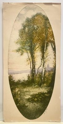 an old picture of a painting of a landscape with trees