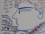 drawing of a man with a tie and a building in the background