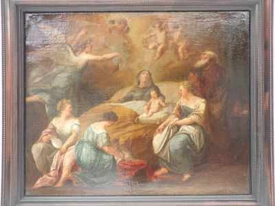 tableau représentant un groupe de femmes et d'enfants dans une pièce en compagnie d'anges