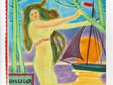 un tableau représentant une femme en robe jaune tenant un voilier