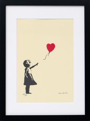 a painting of a girl holding a red balloon in the shape of a heart
