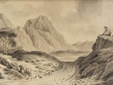 drawing of a mountain scene with a man sitting on a rock