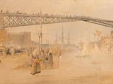 painting of a painting of a bridge over a river with people walking on it