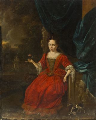 a painting of a woman in a red dress sitting on a chair