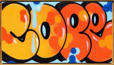 painting of the word boo written in orange and blue on a yellow background