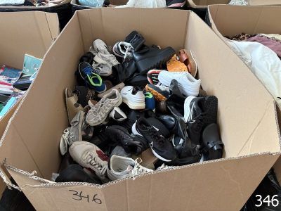 many pairs of shoes in a cardboard box on the floor