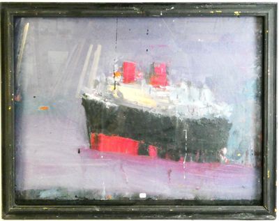 an oil painting of a ship in a black frame on a wall