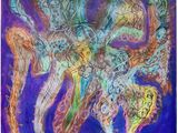 an abstract painting of a horse with a rider on it ' s back