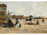 a painting of people on the beach with umbrellas