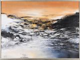 abstract painting of a landscape with orange sky in the background